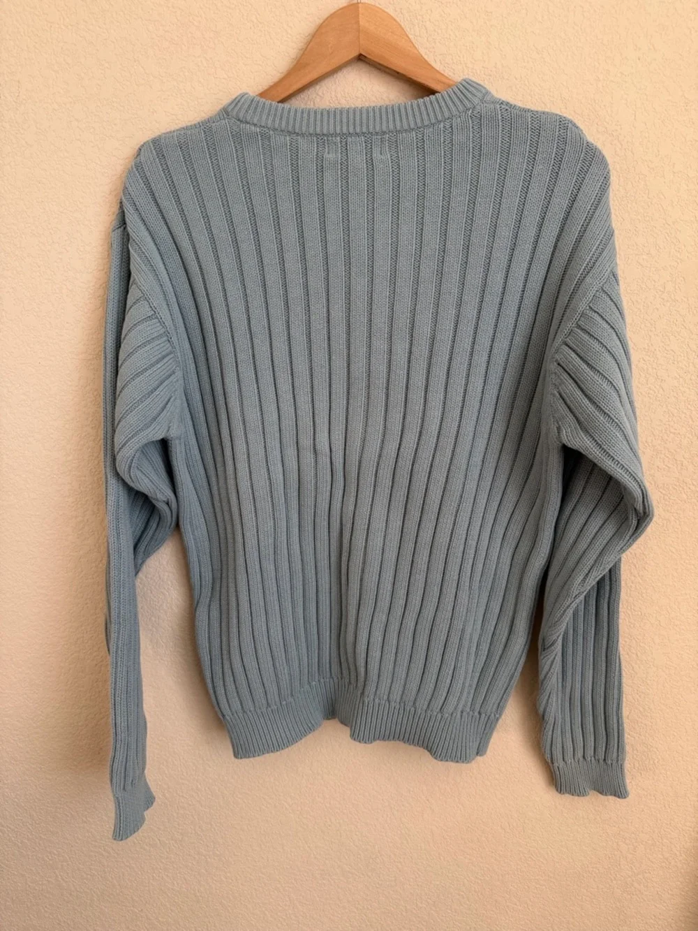 St Johns Bay Ribbed Knit Cotton Sweater Mens M Blue Vintage Shaker Crew 90s Cozy